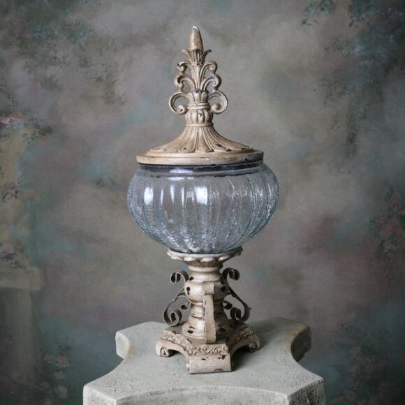 Unbranded Other - Decorative Crackle Glass Jar With Fleur-de-lis Lid Metal Work Aged